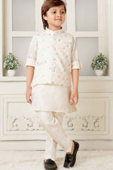 Cream Kurta Set With Embroidered Work Bandi For Boys