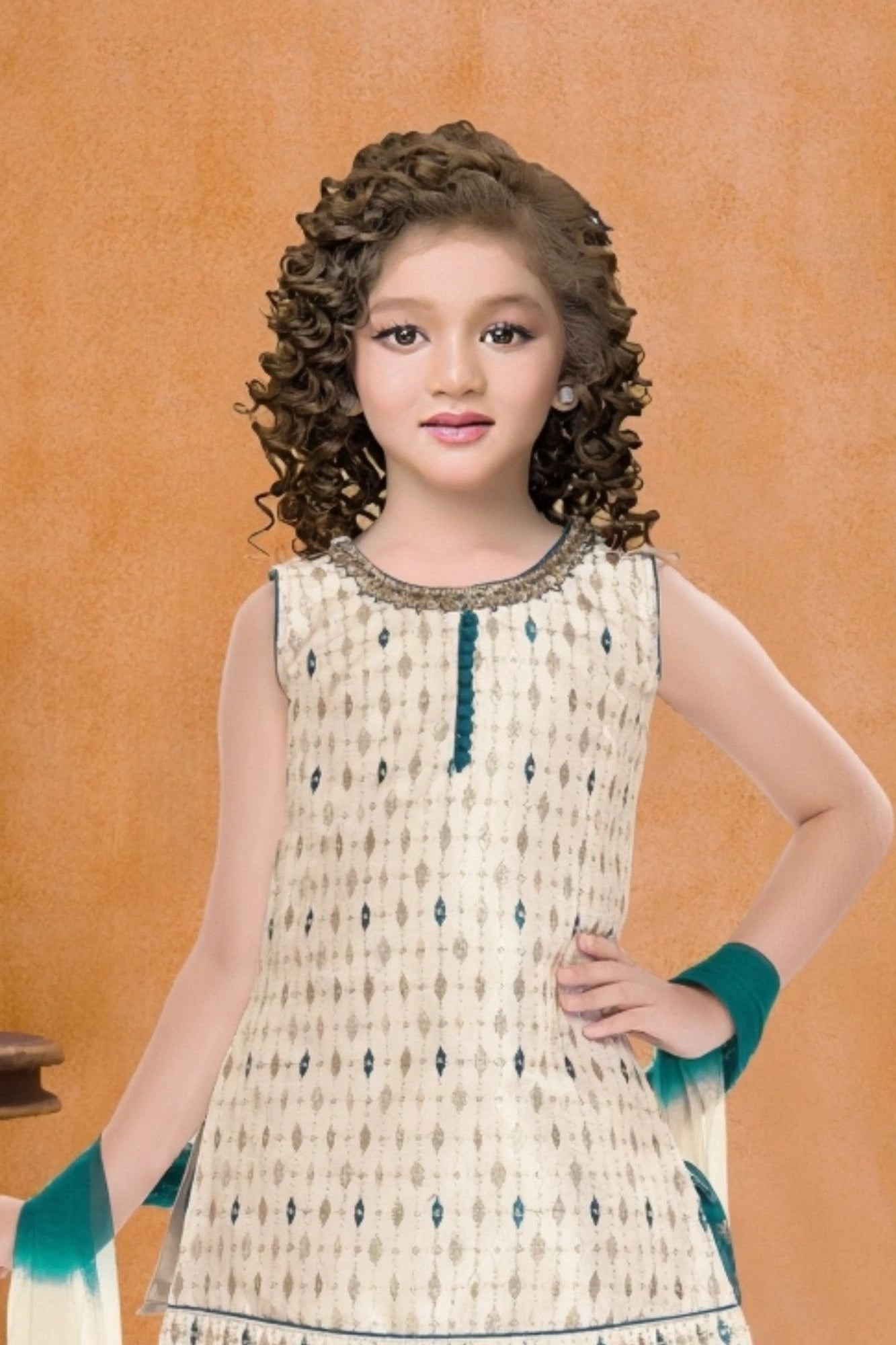 Cream and Firozi Patiala Set With Embroidered Kurti And Dupatta For Girls