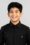 Black Textured Shirt With Tonal Stripes And Embroidered Badge For Boys