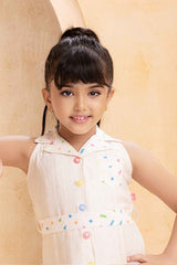 Cream Confetti Button Down Sleeveless Cotton Dress for Girls