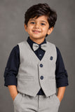 Boys Light Grey Corduroy Textured Waistcoat Suit Set with Bow Tie
