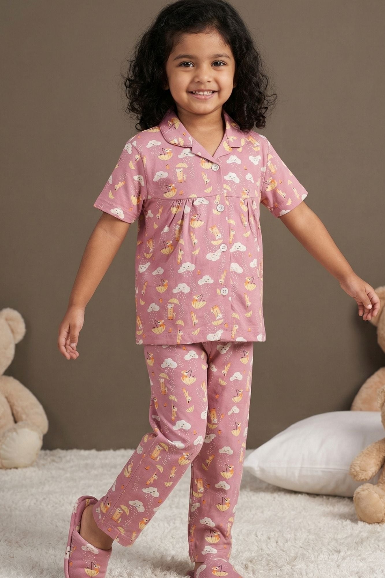 Dusty Pink Unicorn And Cloud Print Night Suit Set For Girls