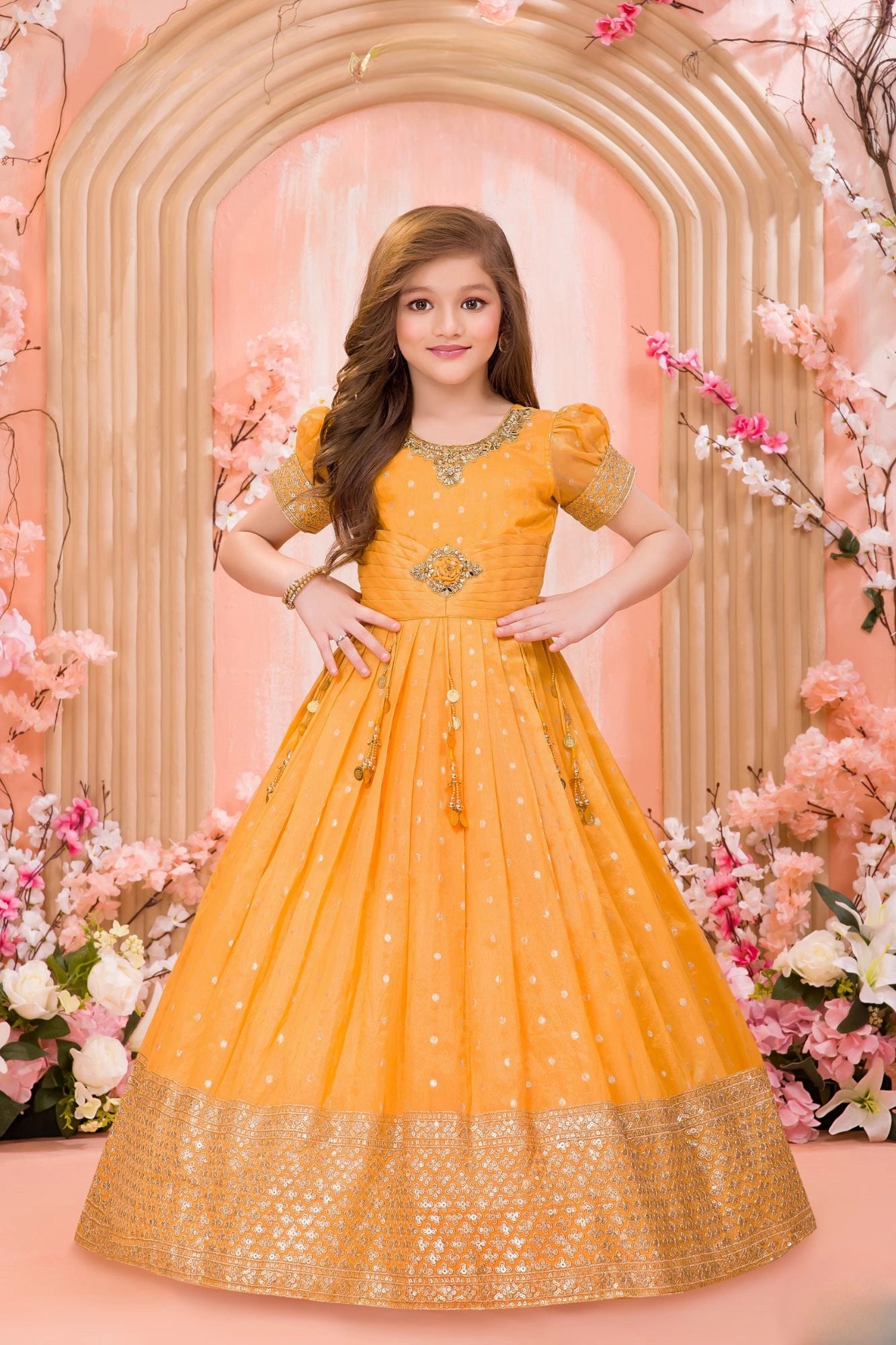 Gold Silk Gown with Zari Border & Embroidered Waist Motif For Girls