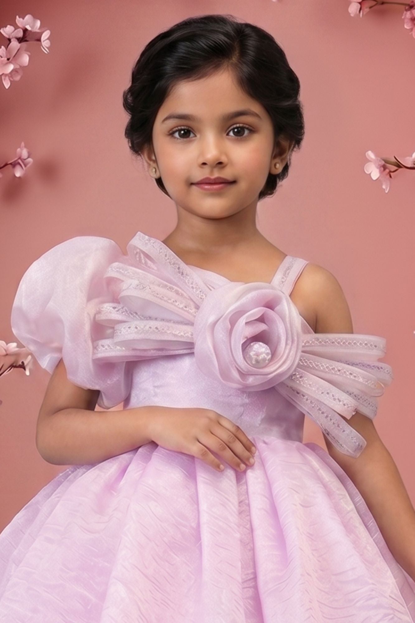 Lavender One-Shoulder Party Frock with 3D Floral Bow For Girls