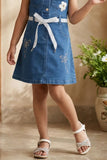 Denim Sleeveless Dress with Floral Embroidery