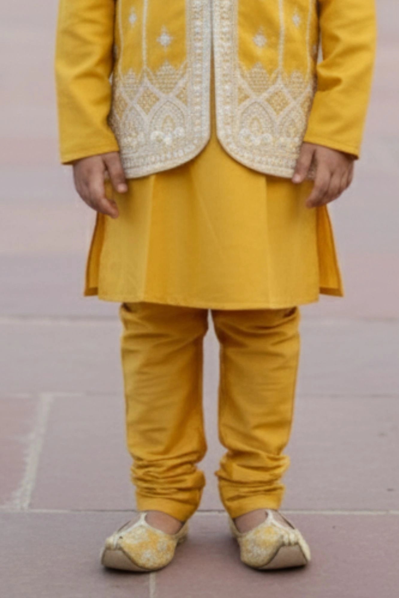 Mustard Yellow Embroidered Kurta Set with Nehru Jacket For Boys