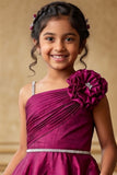 Girls Wine One-Shoulder Party Gown with Floral Applique