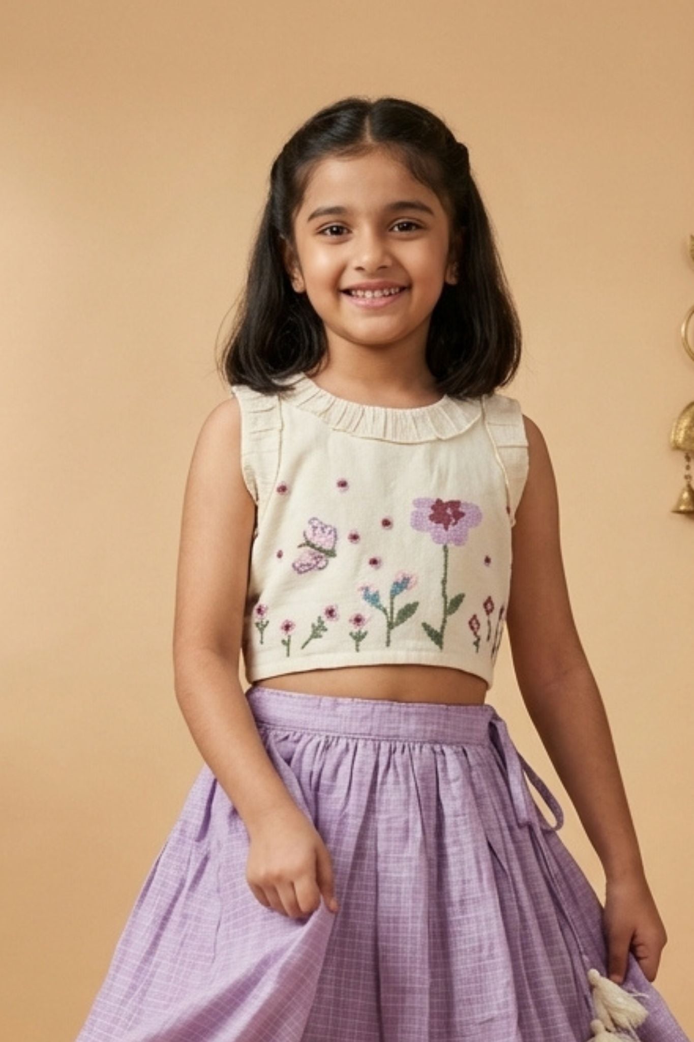 Ivory & Lilac Embroidered Lehenga Choli Set For Girls