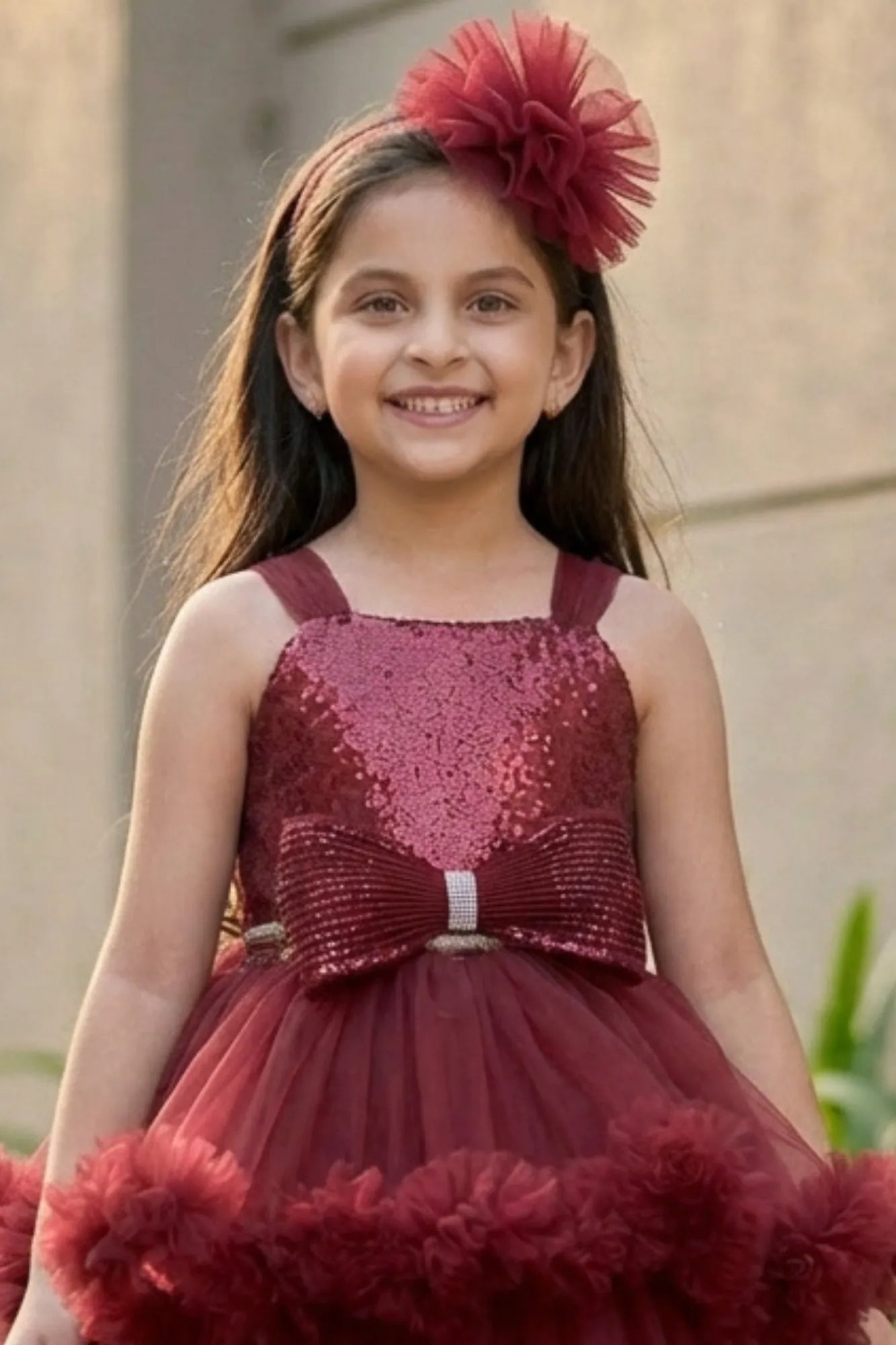 Maroon High-Low Party Wear Tulle Frock With Floral Embellishment For Girls