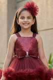 Maroon High-Low Party Wear Tulle Frock With Floral Embellishment For Girls