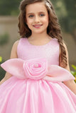 Pink Shimmer Party Wear Frock with 3D Floral Appliqué For Girls