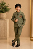 Olive Green Festive Kurta Pyjama Set with Jacket For Boys