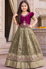 Girls Elegant Wine Embroidered Pattu Pavadai Set