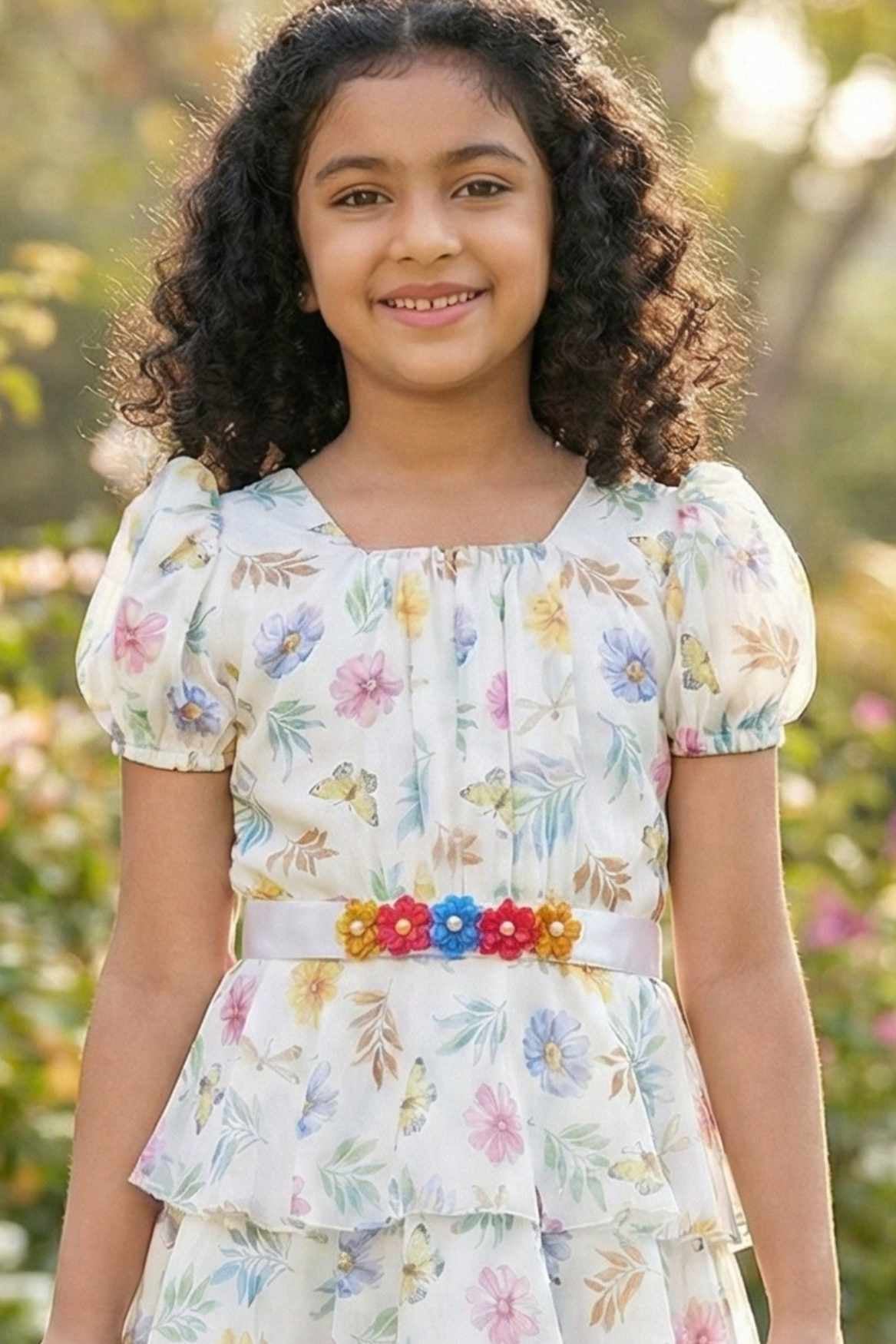 Cream Floral Tiered Dress with Puff Sleeves For Girls