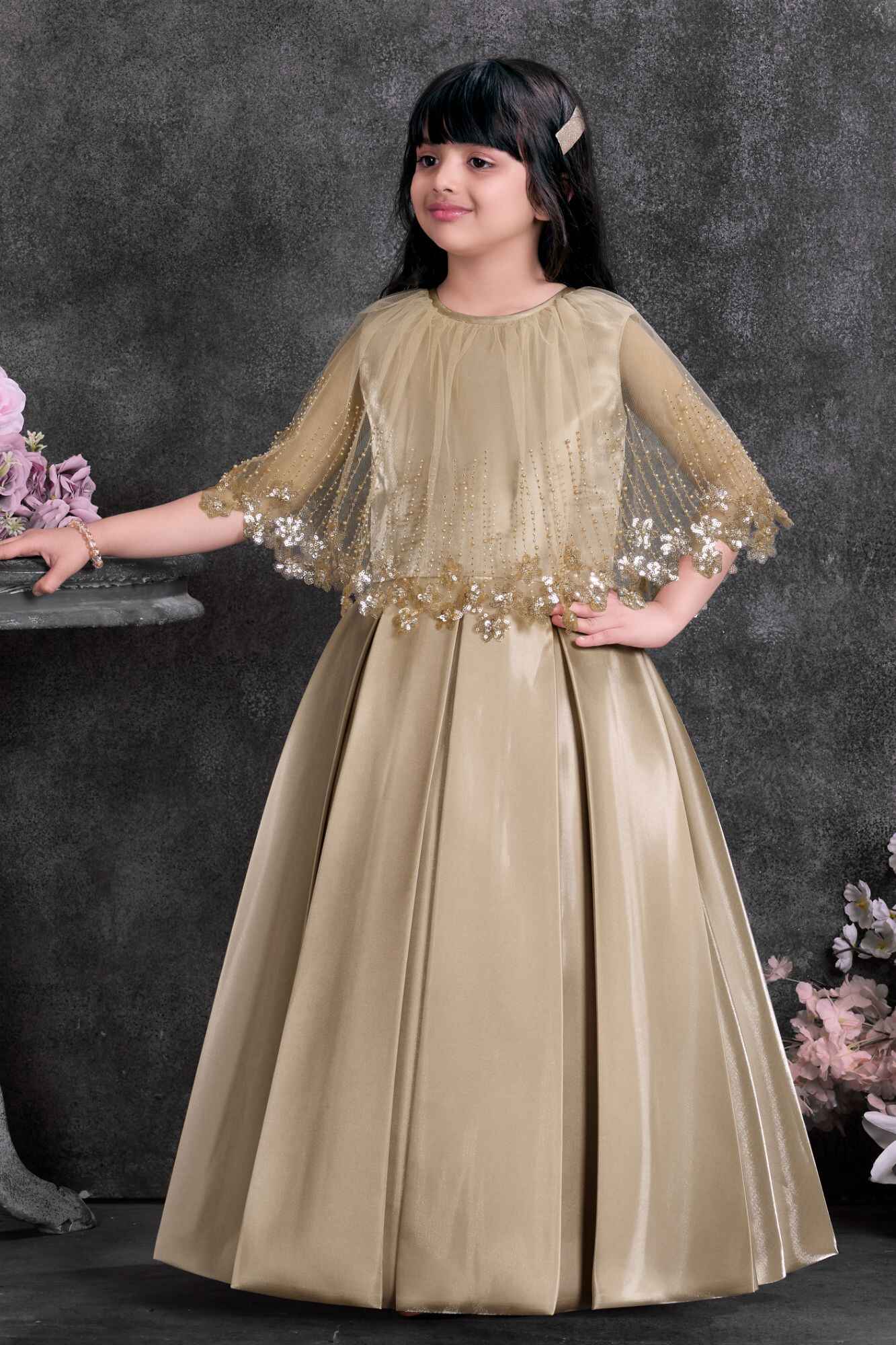 Gold Satin Party Wear Gown with Embellished Net Cape For Girls