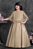 Gold Satin Party Wear Gown with Embellished Net Cape For Girls