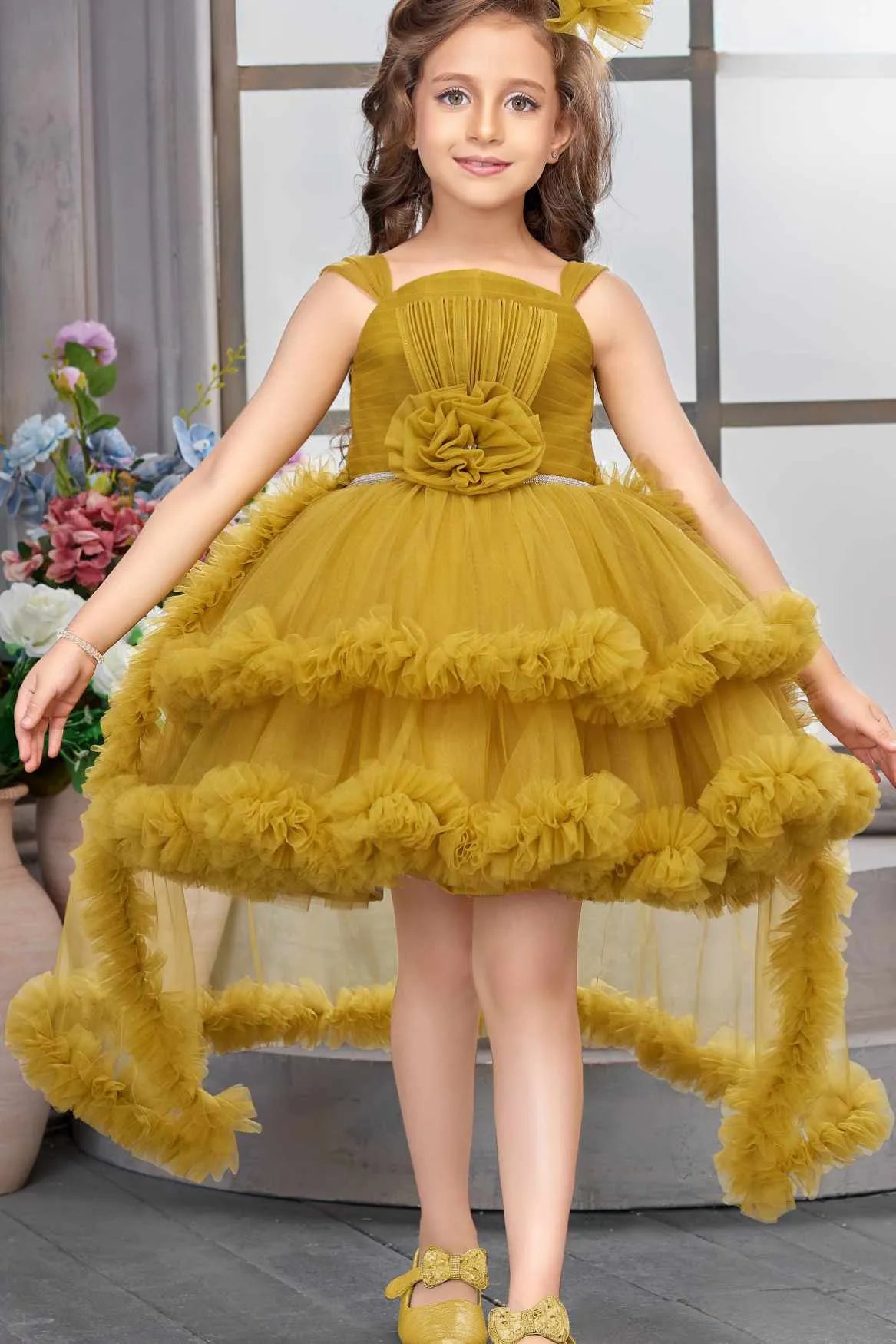Mustard Layered Ruffle High-Low Party Wear Frock For Girls