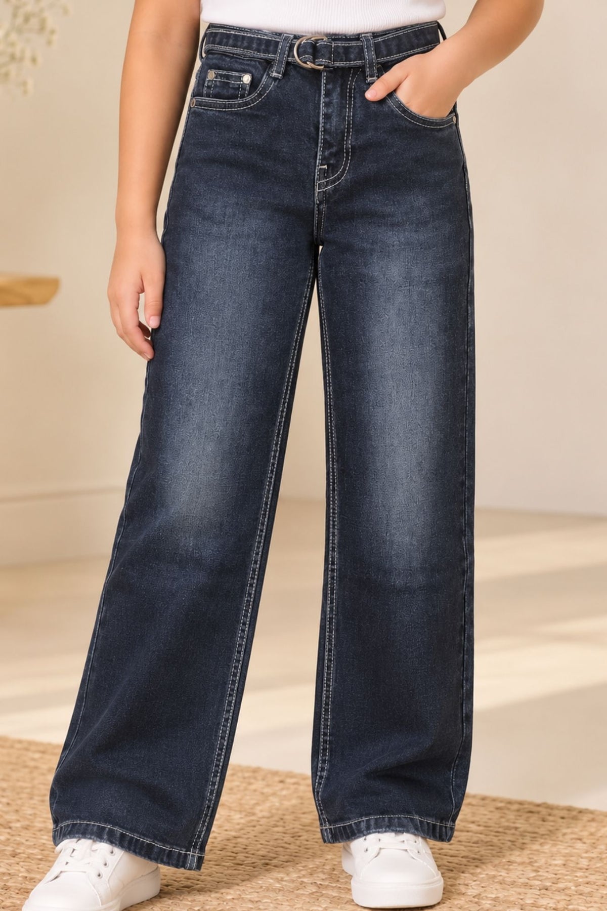 Girls Dark Blue Washed Denim Straight Fit Jeans