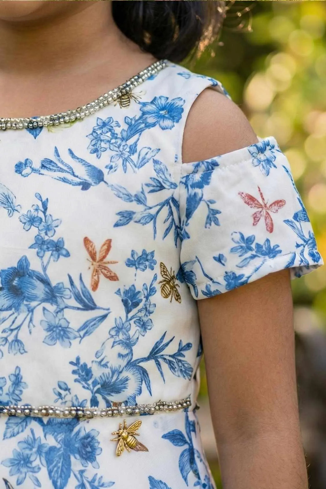 White And Blue Floral Printed Gown For Girls