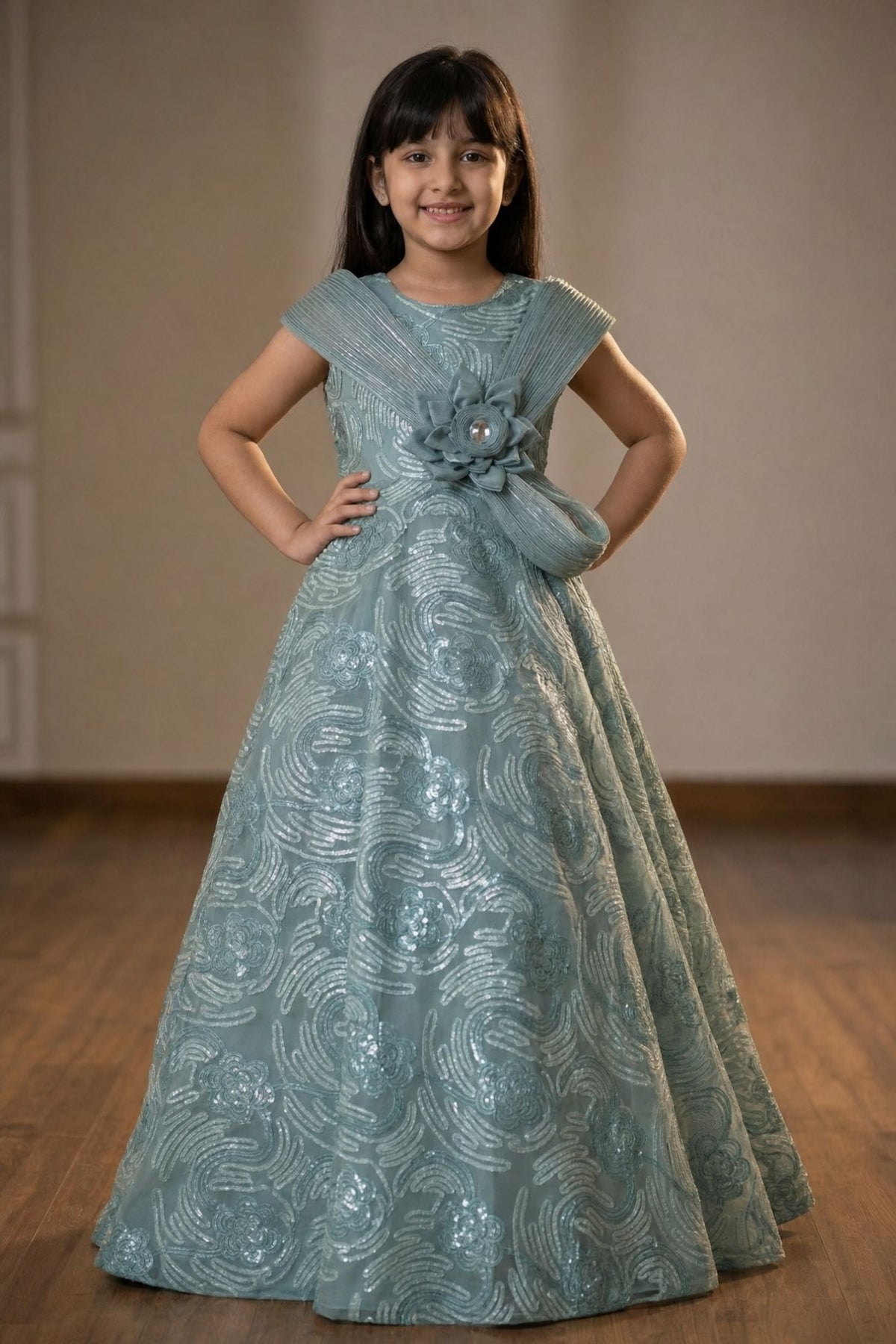 Blue Sequins Embellished Party Gown For Girls