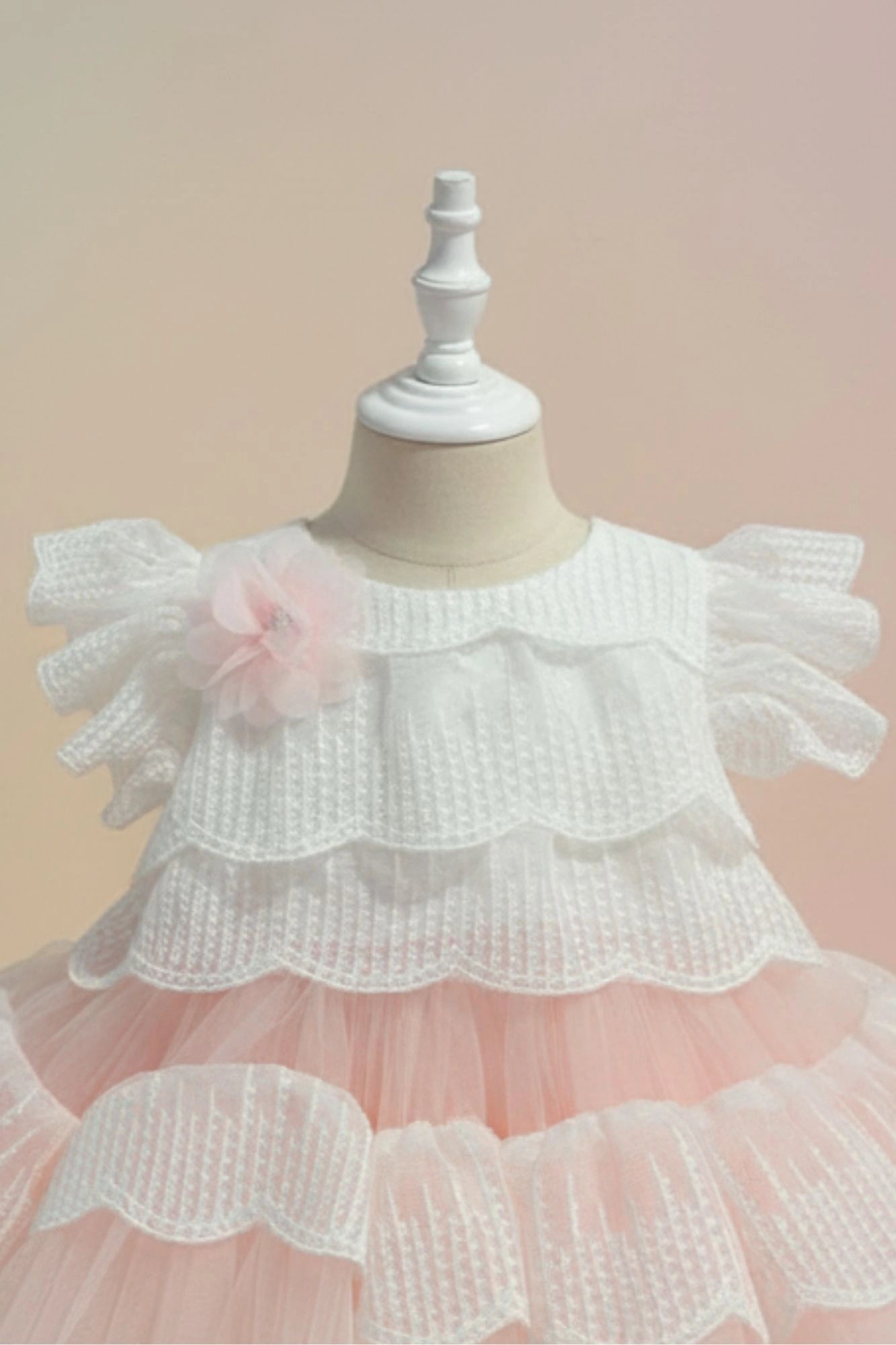 Peach Layered Frock with White Scallop Lace and Floral Accent For Girls