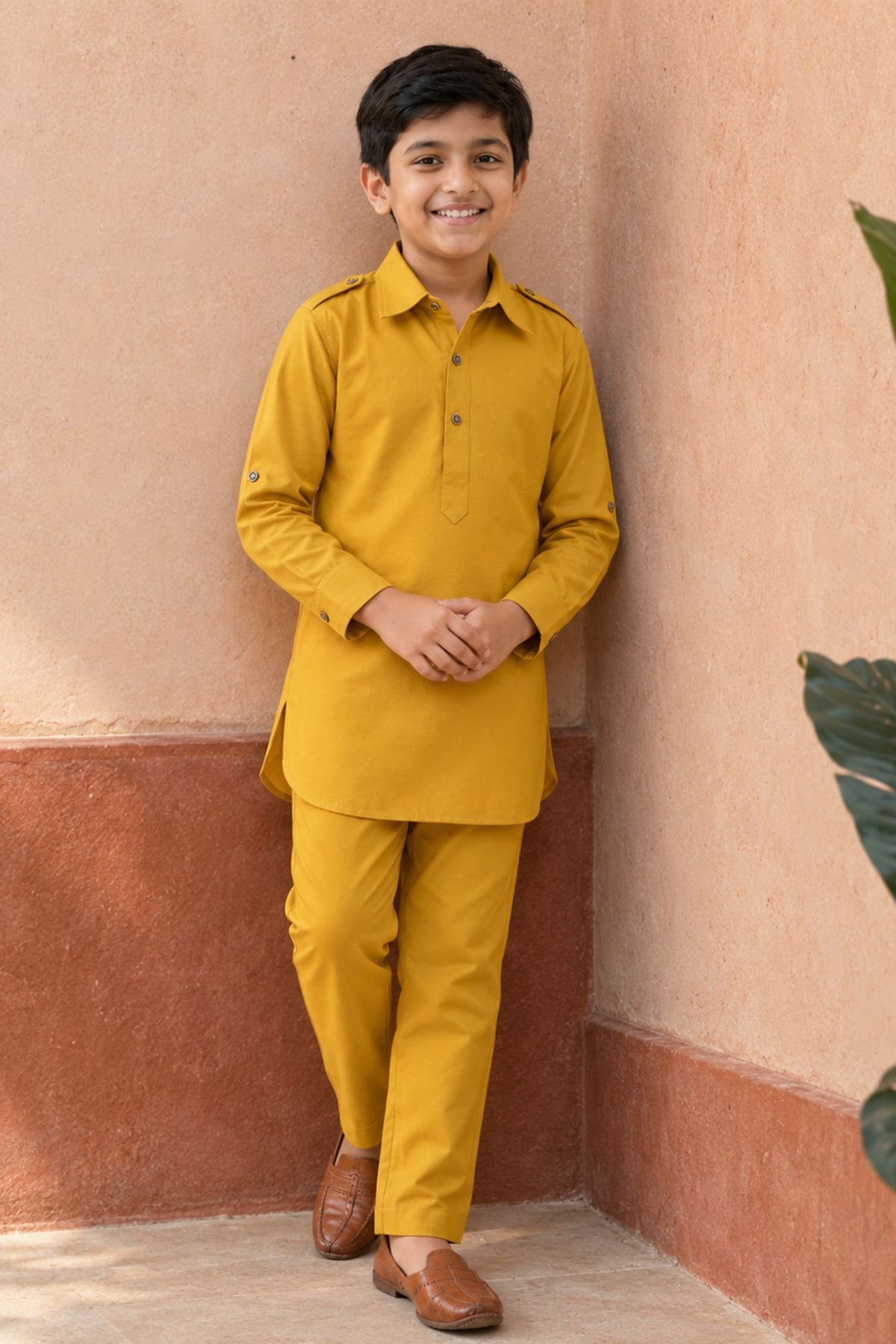Mustard Yellow Pathani Set With Shirt Collar Design For Boys