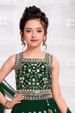 Girls Emerald Green Floral Zari Embroidered Lehenga Choli Set With Dupatta