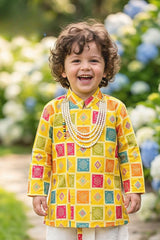 Royal Boys Yellow With Multicolor Geometric Print Dhoti Set For Festive Wear