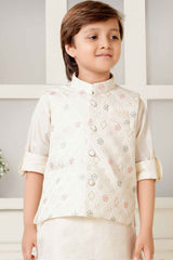 Cream Kurta Set With Embroidered Work Bandi For Boys