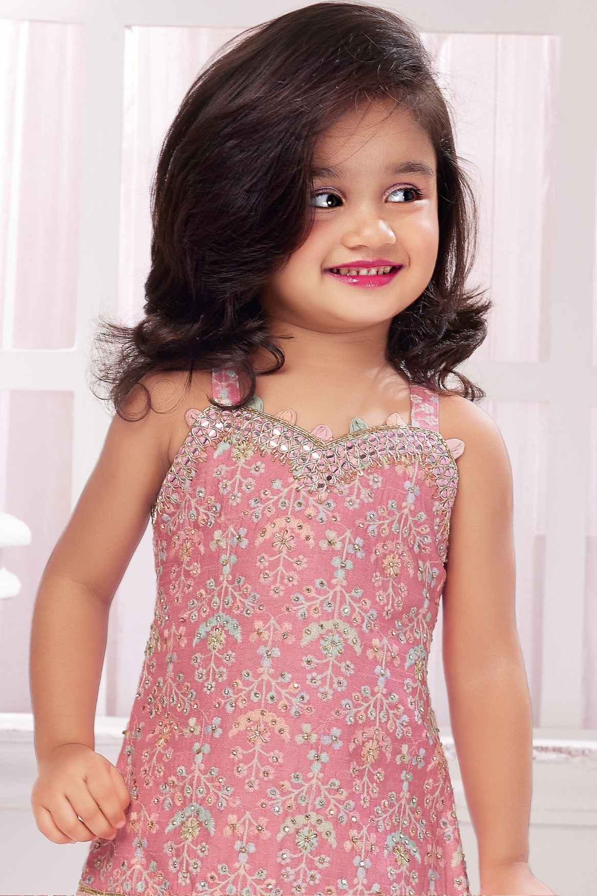 Peach Mirror Worked Embroidery Top And Palazzo Set For Girls