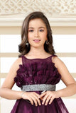 Designer Wine Ruffled And Stone Work Gown For Girls