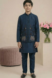 Navy Blue Elephant Embroidered Jacket Kurta Set For Boys