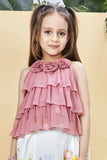 Pink Floral Print Skirt Set with Tiered Green Top Set For Girls