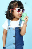 Girls Blue Denim Dual-Tone Dungree With White Tee