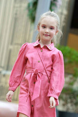 Pink Casual Dress With Floral Embroidered For Girls