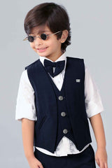 Navy Blue Waistcoat With White Shirt And Navy Blue Textured Pant Set For Boys