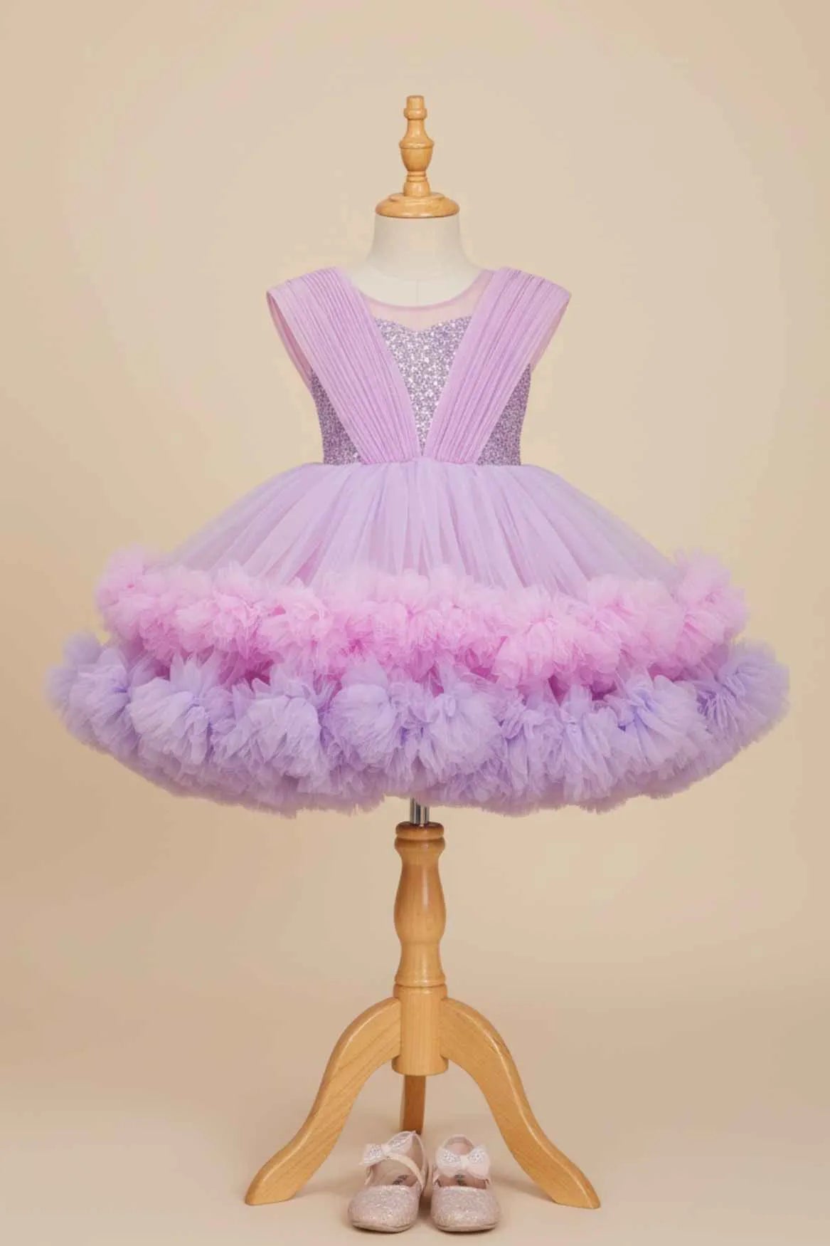 Lavender & Pink Ombre Party Wear Frock with Sequin Bodice and Ruffled Net Hemline For Girls