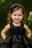 Black Floral Appliqué Tiered Frock For Girls