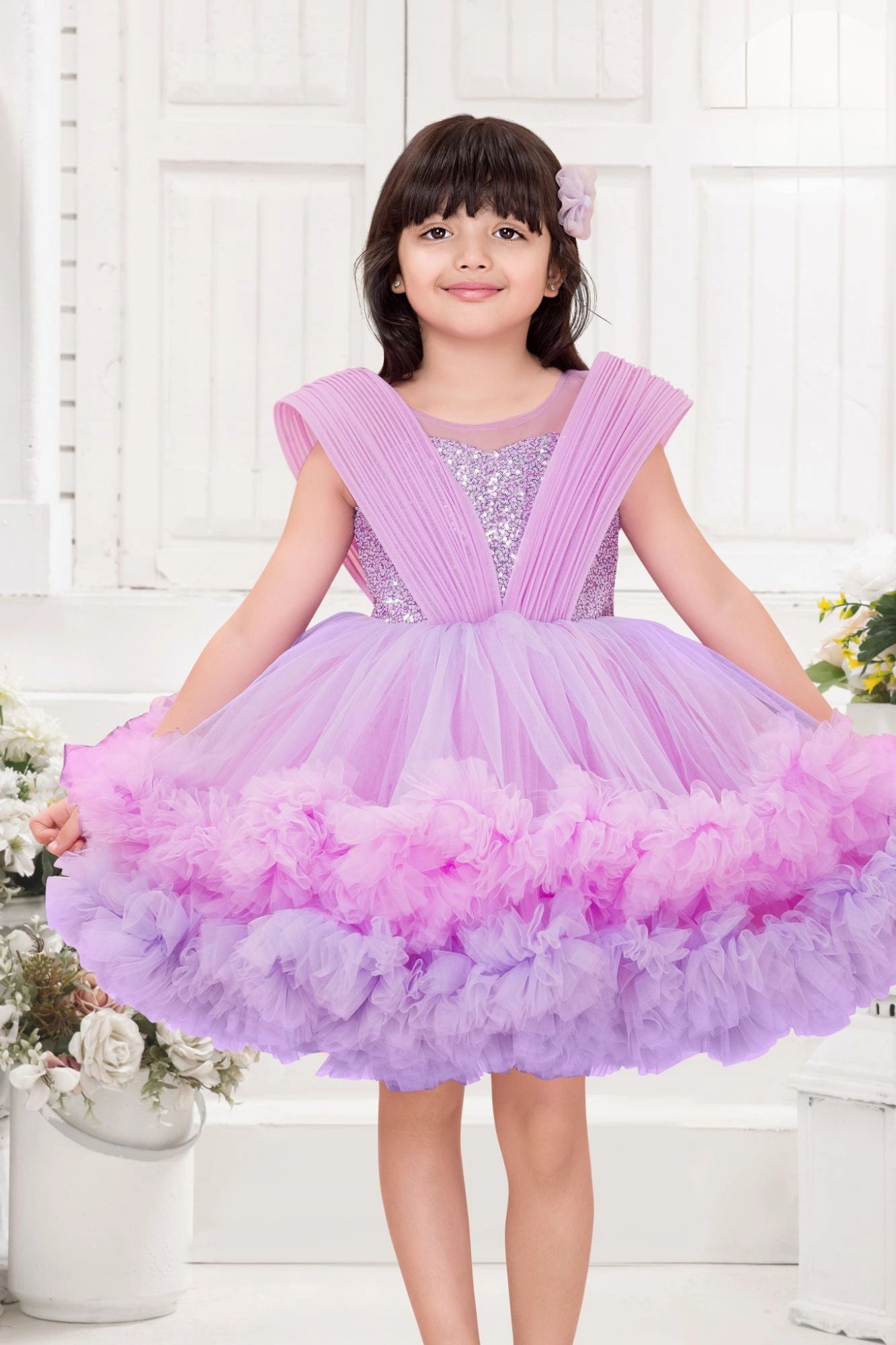 Lavender & Pink Ombre Party Wear Frock with Sequin Bodice and Ruffled Net Hemline For Girls