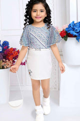 Stylish Blue Printed Dress With Sling Bag For Girls