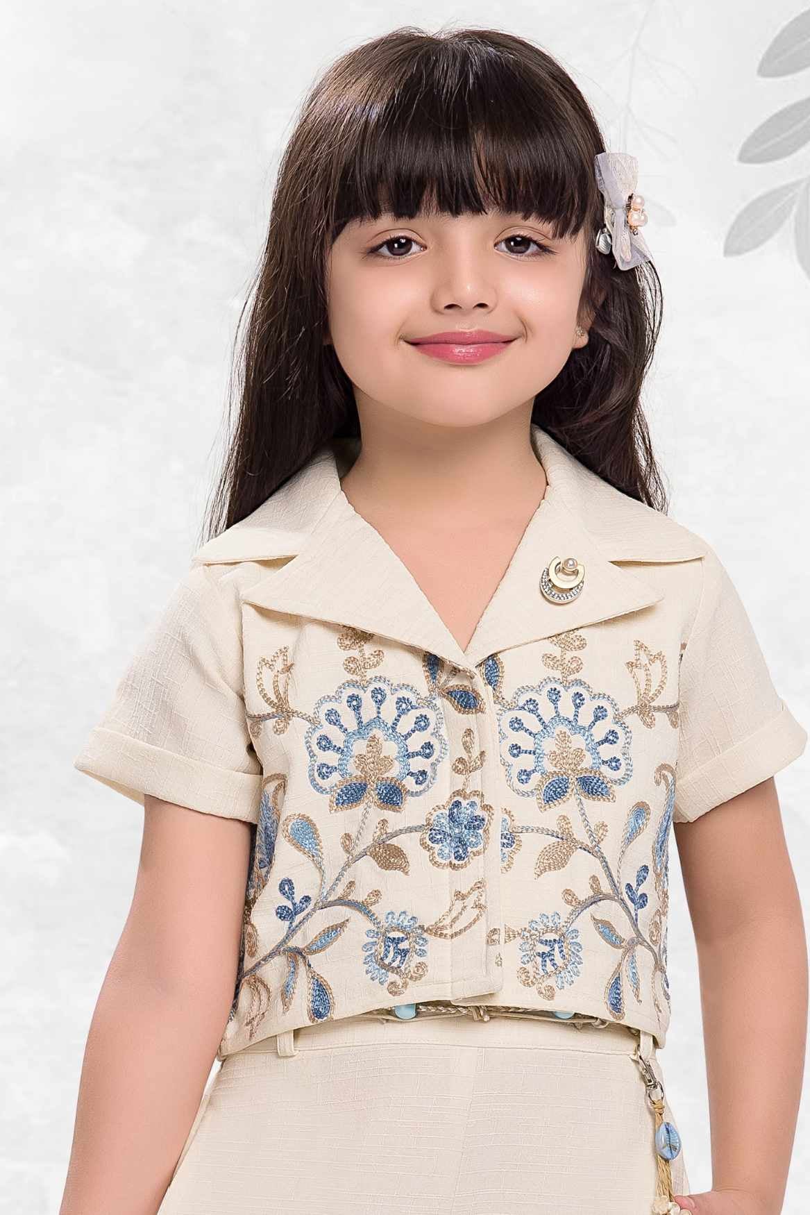 Beige Floral Embroidered Crop Top And Palazzo Set For Girls