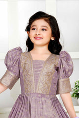 Ethnic Lavender Puff Sleeves With Bead Embroidered Gown For Girls