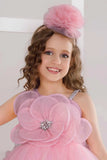Pink High-Low Party Frock With 3D Floral Appliqué For Girls