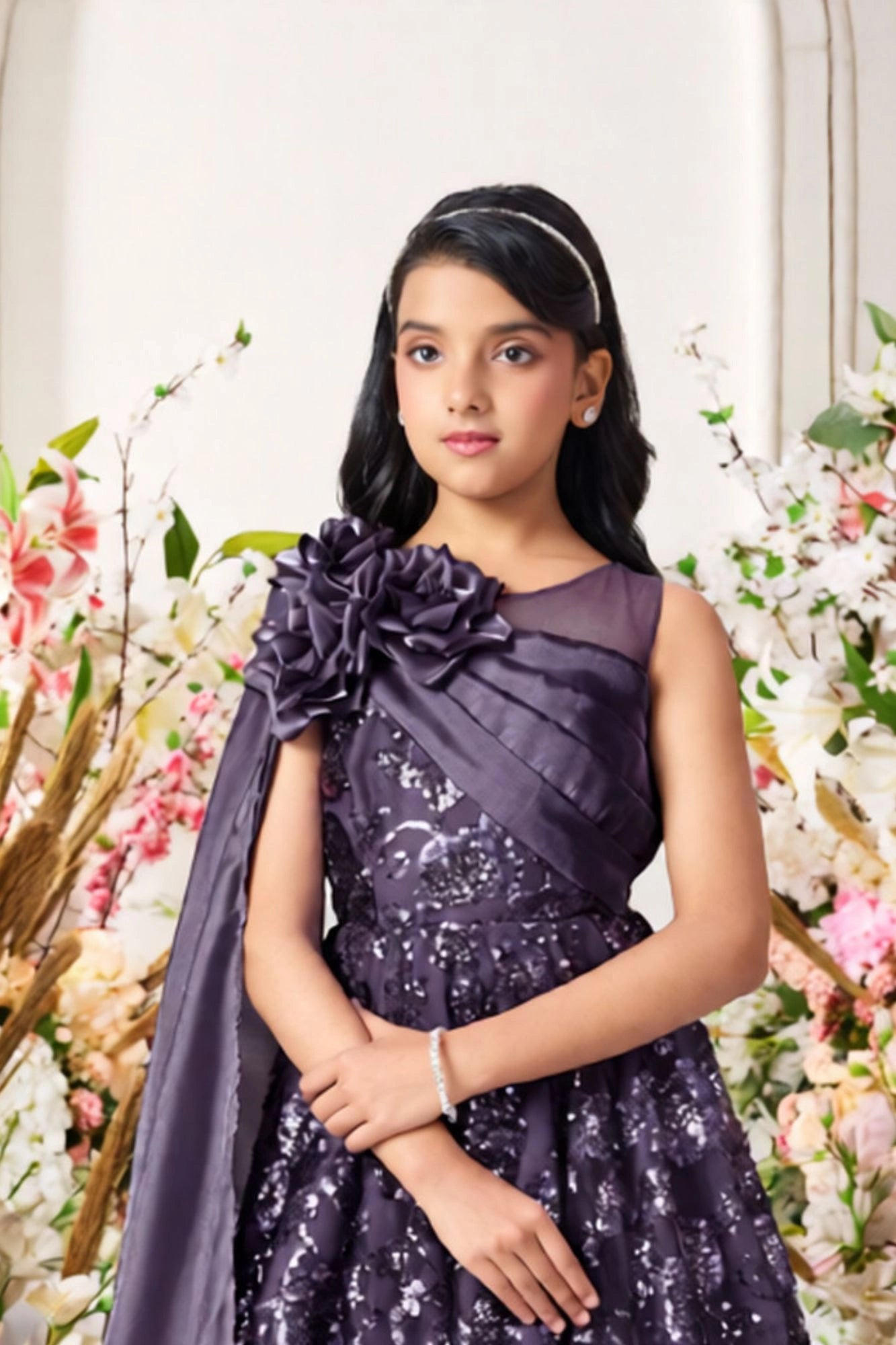 Purple Sequin Party Gown with One-Shoulder Cape & Floral Appliqué For Girls