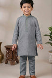 Grey Embroidered Linen Kurta Set For Boys