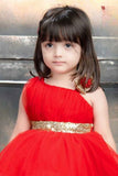 Red Net Tailback Party Wear Frock With Bow Embellishment For Girls