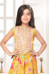 Mustard Printed Embroidered And Mirror Work Palazzo Set For Girls