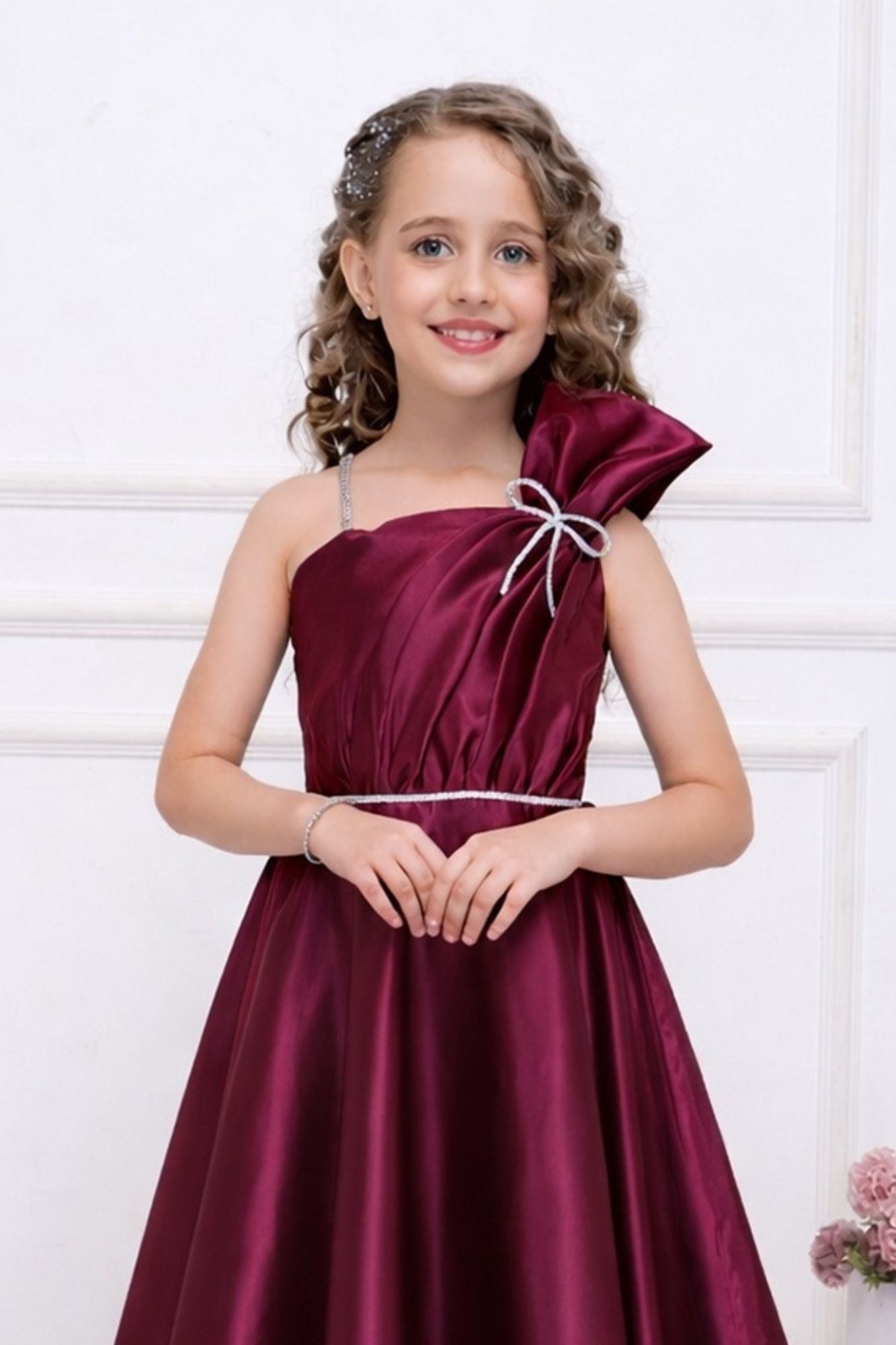 Wine One-Shoulder Embellished Party Gown For Girls