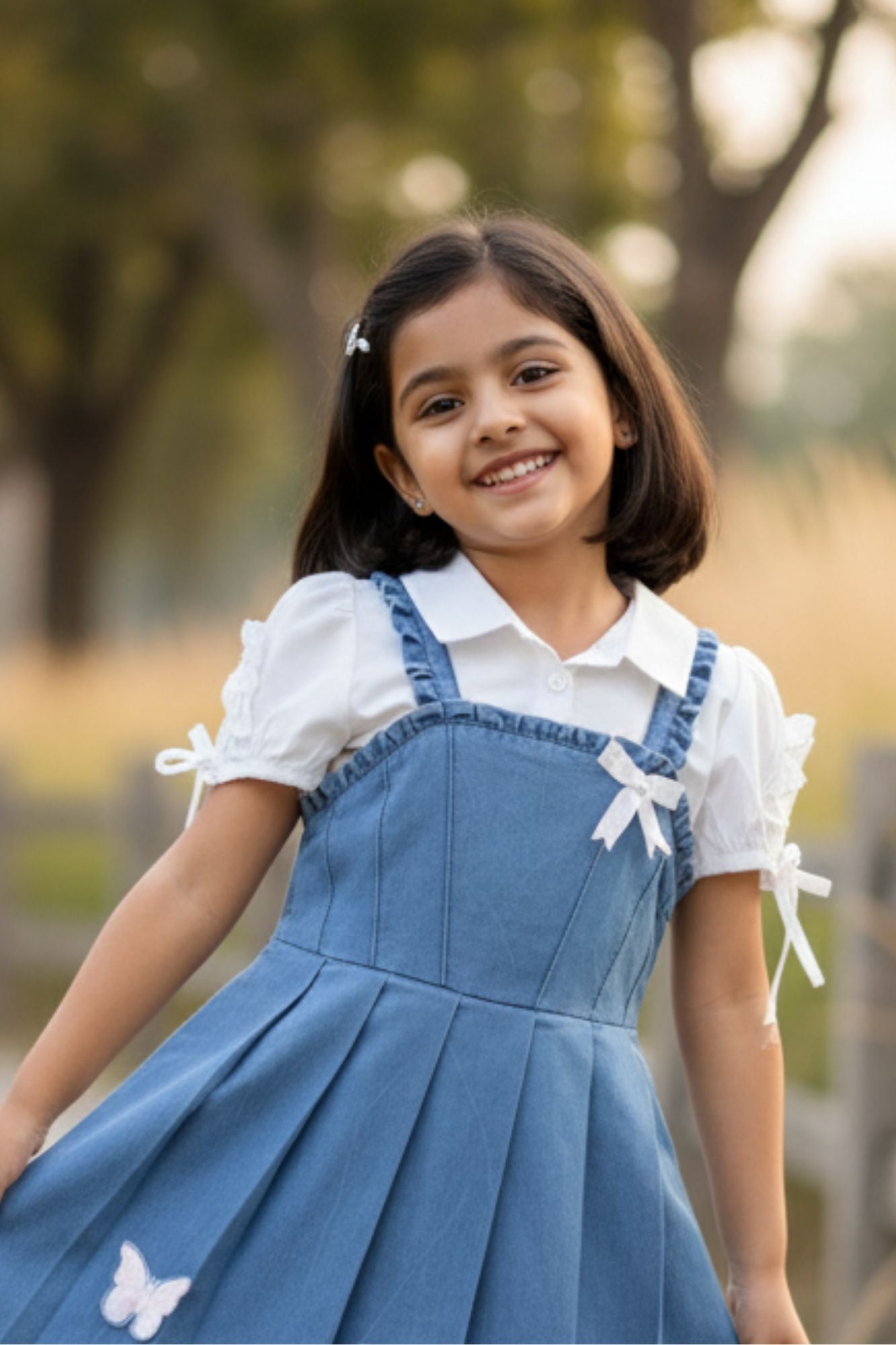 Denim Pinafore Dress with White Shirt & Butterfly Appliqué For Girls
