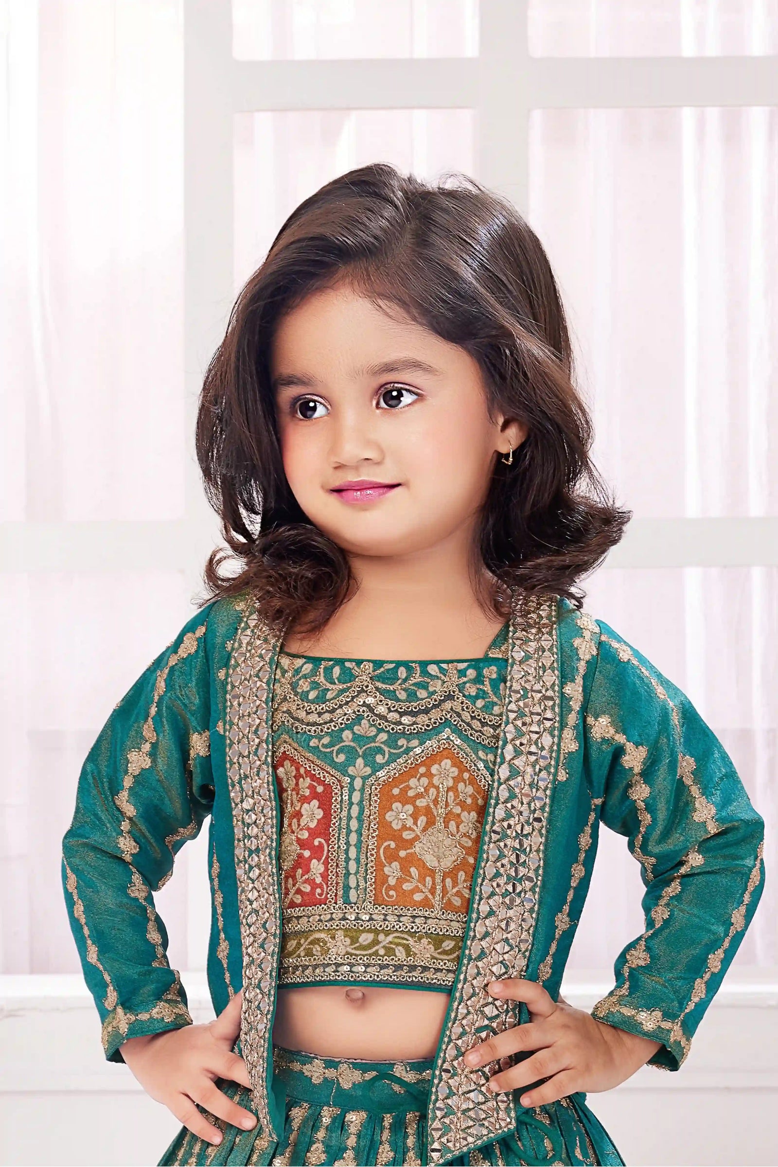 Green Embroidered Lehenga Set with Embellished Jacket For Girls